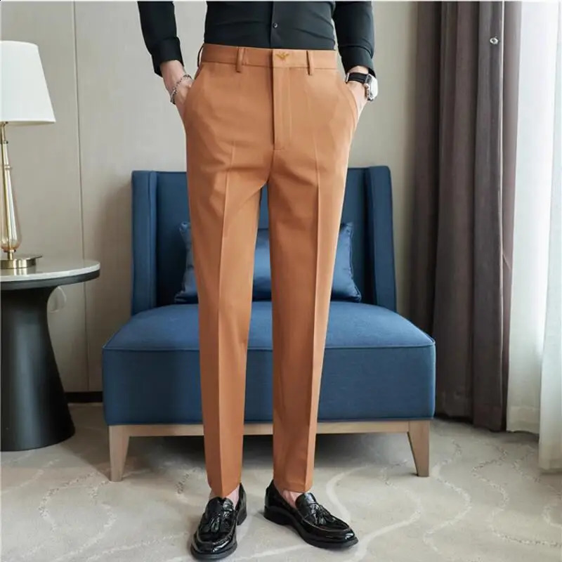 Summer Embroidered Business Formal Pants Men Korean Style Slim Office Social Suit Pants High Quality Streetwear Ankle Pants 240827