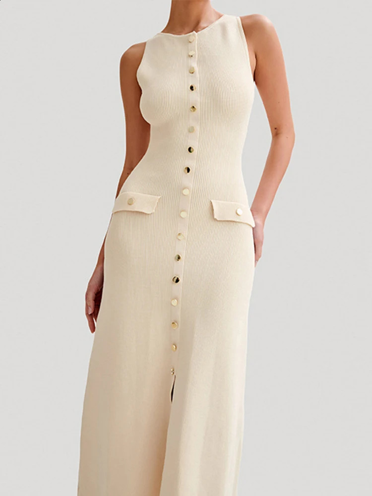 Fashionable Knitted Long Dress for Women Unique Compon Sleeveless Single Chest ONeck Hip Set Womens Summer Robe 240826