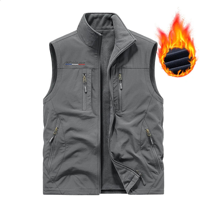 Winter Mens Multi-pocket Vests Casual Outdoor Fleece Fishing Vest for Men Warm Pographic Tooling Sleeveless Jackets Clothing 240826