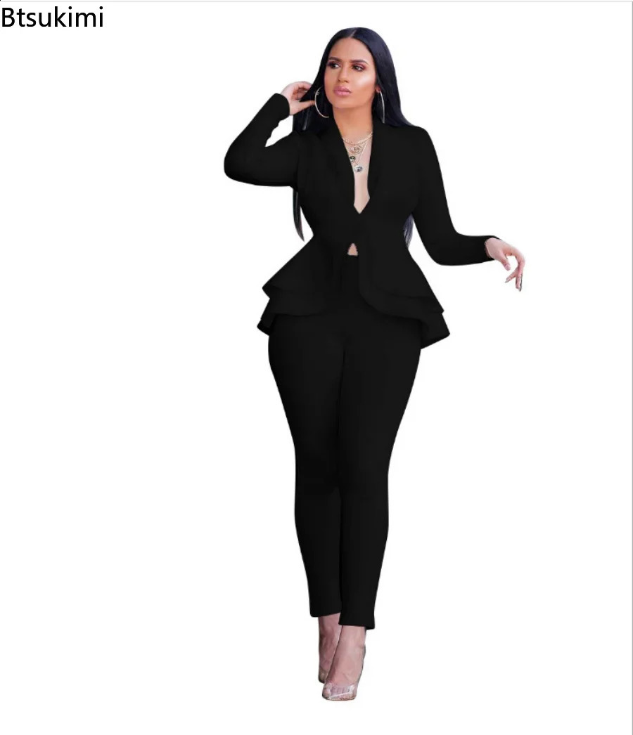 Womens Formal Set 2PCS Tracksuit Full Sleeve Ruffles Blazers Pencil Pants Suit Two Piece Set Office Lady Outfits Uniform 240826
