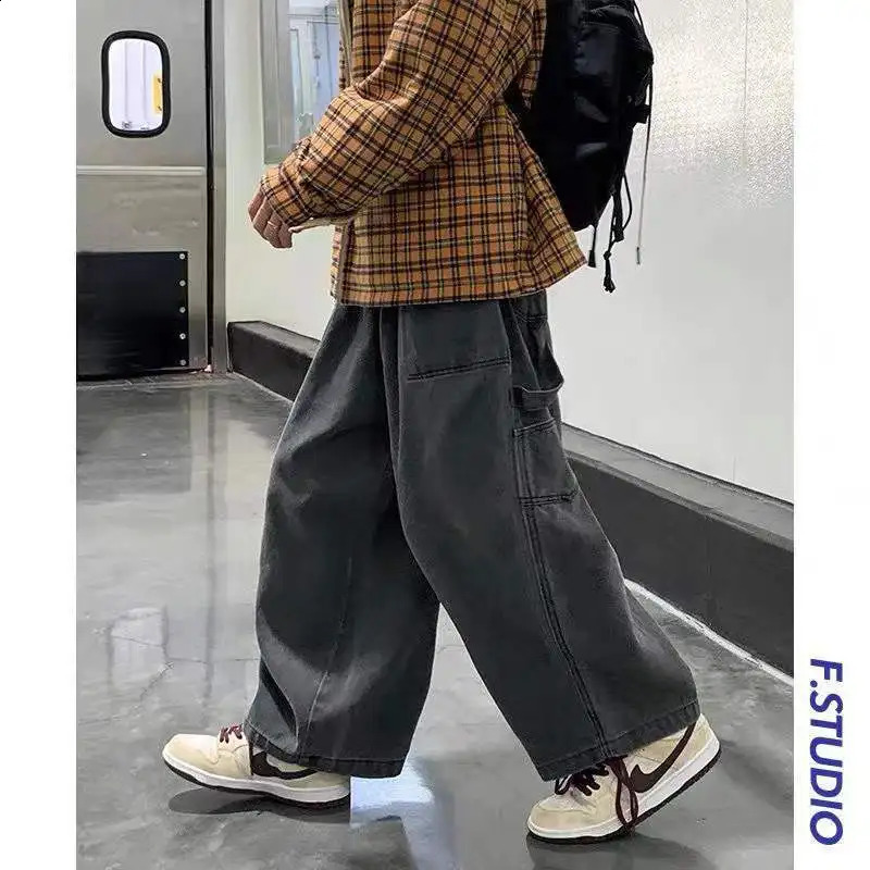 Large Size Workwear Wide Leg Jeans Ins Baggy Pants Mens Fashion Oversize Trousers Black Japanese Streetwear 4XL 5XL 240823