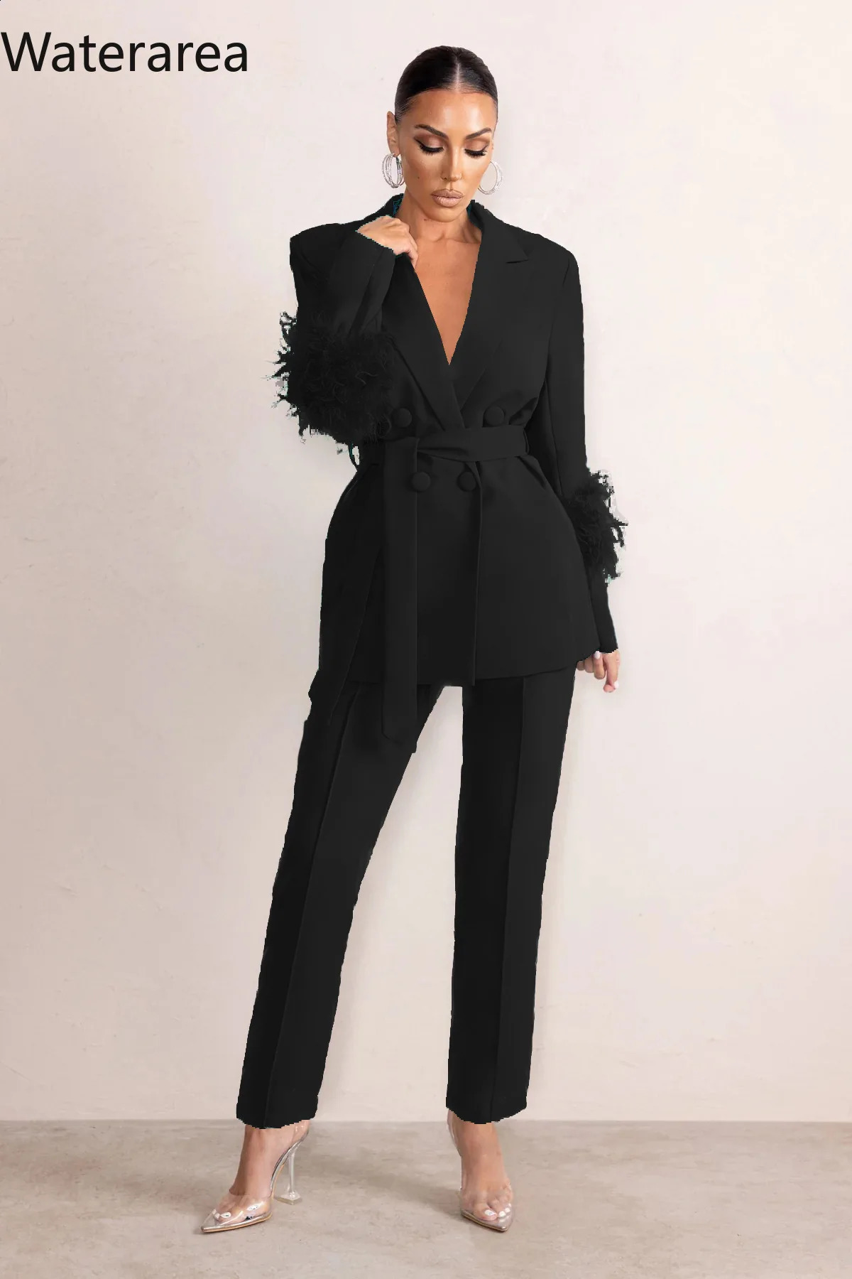 Waterarea Fashion Womens Set Feather Long Sleeve Double Breasted Blazer and Pants Suits Two 2 Piece Sets Outfits Tracksuit 240826