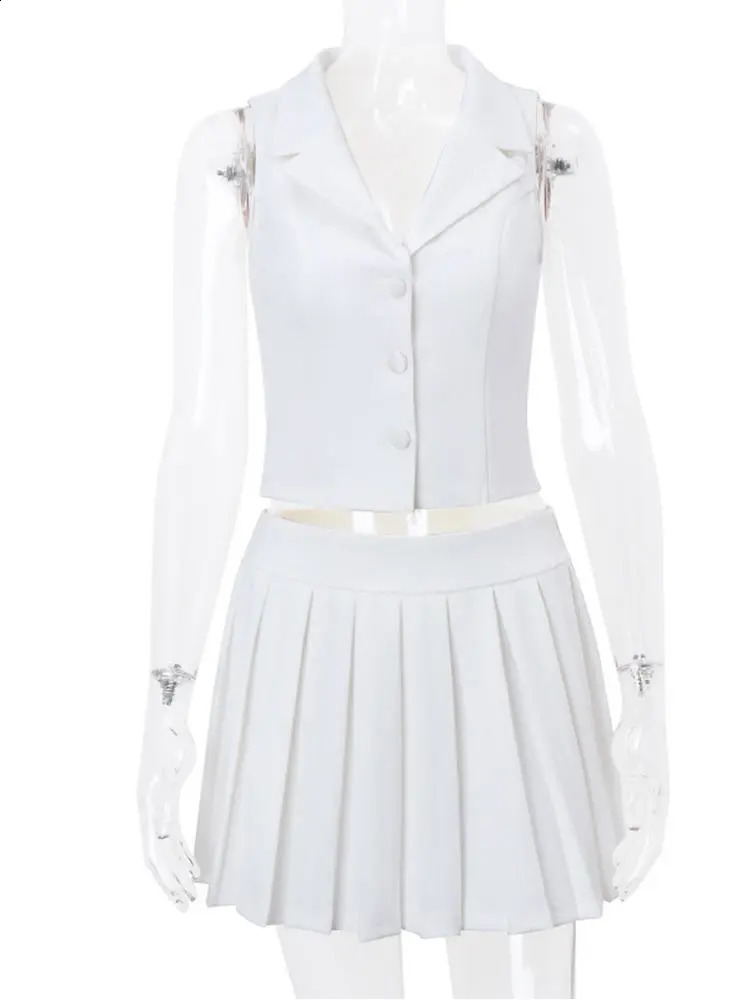 Eleagnt Pleated Waistcoat Skirts Sets Women White Deep V-neck Single Breasted Sleeveless Top Mini Skirt Female Suit Summer 240826