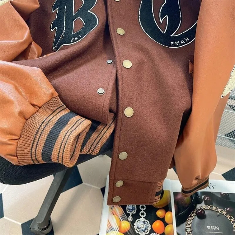 American Retro Letter Flocking Splicing Jacket Female Y2K High Street Fashion Hip-hop Loose Tooling Baseball Uniform Jacket 240827