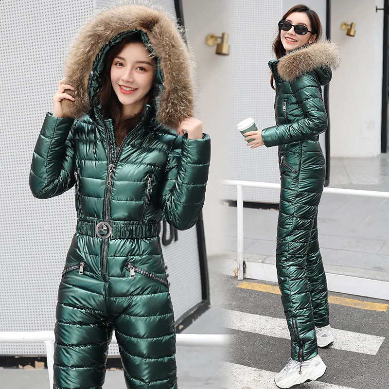 One piece ski suit womens jacket winter hooded Parka jumpsuit cotton bodysuit waist belt zipper 240826