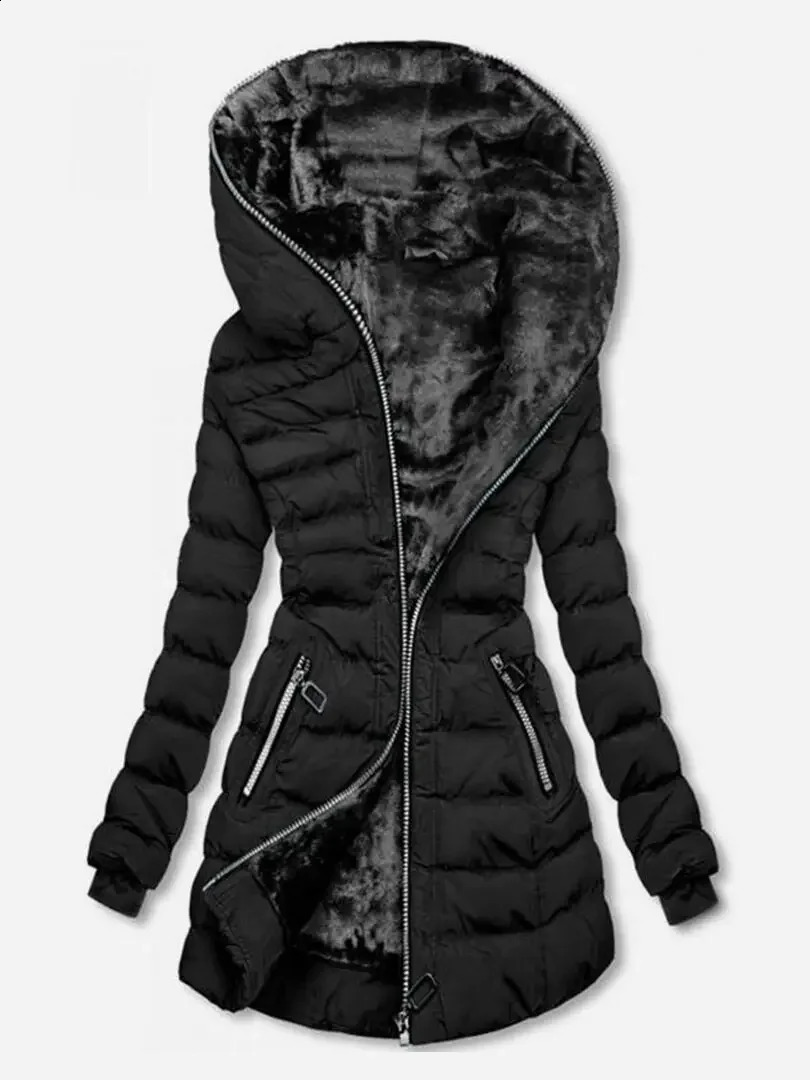 Womens hooded long sleeved cotton lined wool lined winter jacket with mid length zipper jacket for warmth and fashion 240826