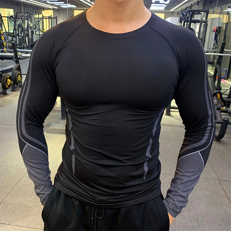 Mens fitness quick drying long sleeved shirt breathable and compact compression Tshirt gym training running 240827