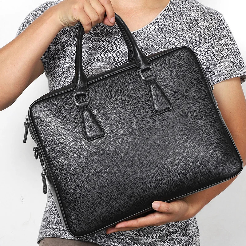 Double Zipper Briefcase Men Bag Genuine Leather Shoulder 14 inch Laptop Bags Large Capacity Handbag Business Mens 240827
