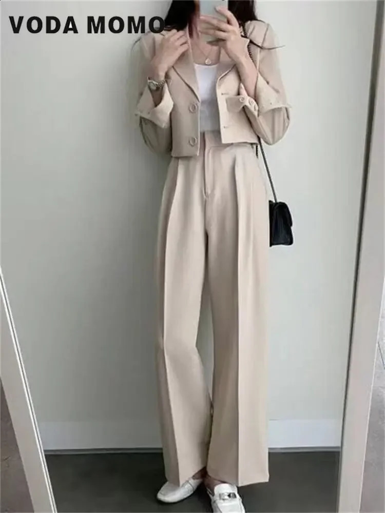 Spring Korean Casual Elegant Suits Blazer Jacket Wide Leg Trousers High Waist Pants Suits Female 2 Piece Sets Crop Top Coats 240826