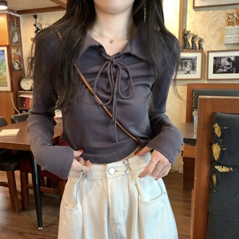 Crop top womens autumn T-shirt Y2k Korean fashion long sleeved T-shirt polo solid color T-shirt womens ultra-thin T-shirt lace clothes 240827