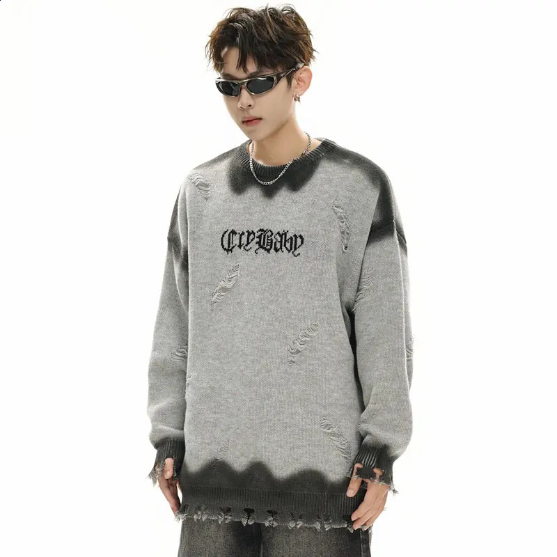Vintage oversized sweater Grunge Y2K tear hole tie dye knit jumper hiphop Harajuku punk Gothic long sleeved streetwear 240826