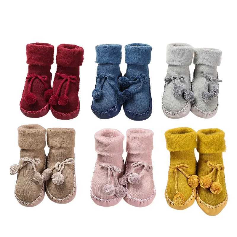 Winter Thick Warm 0-24 Months Cute Double Puff Baby First Step Walker PU Leather Home Socks Shoes Children Soft Sole M240827