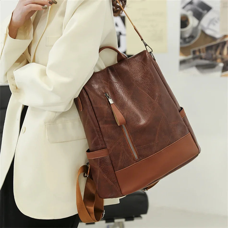 College female backpack designer soft leather retro womens travel school teenage girl shoulder bag 240923