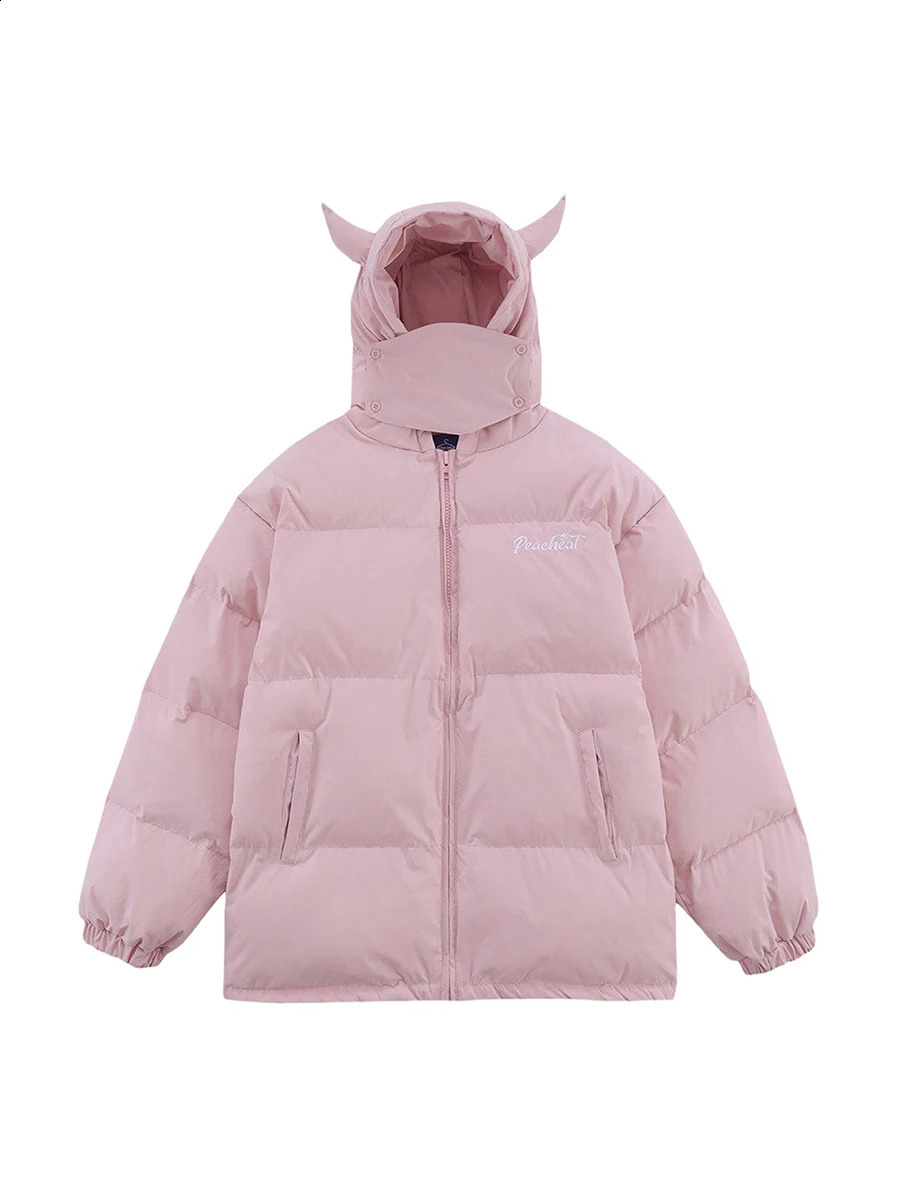 Womens Devil Horn Inflatable Jacket Winter Warm Quilted Coat Long Sleeve Zipper Coat with Hoodie Windproof and Warm Chiffon Coat 240827