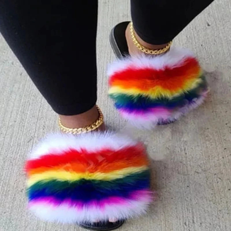 Girls summer must have multi-color plush beach fur flip up womens cute home fluffy fur slider womens fur sandals 240827