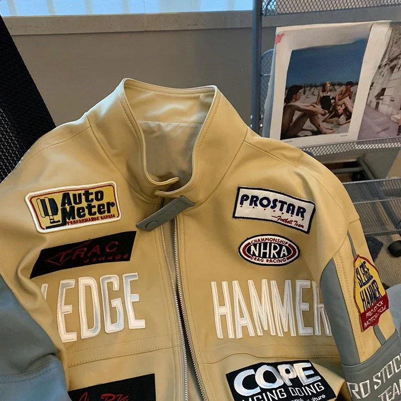 Hikigawa Letter Patchwork Women Pu Jacket Casual Chic Fashion Zipper Tops Mujer Long Sleeve Stand Collar Roupas Femininas 240827