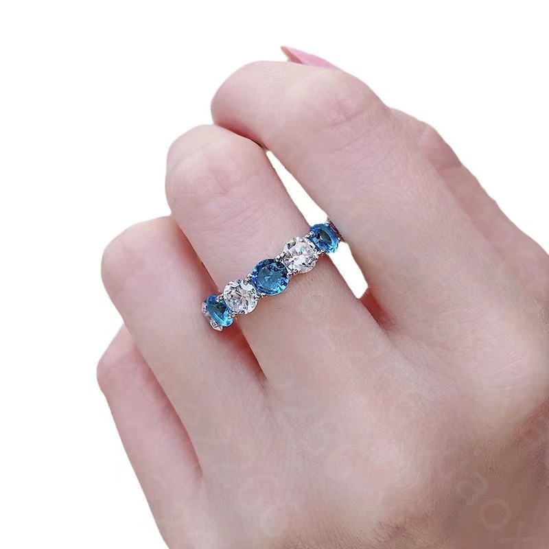 S925 Sterling Silver Round Diamond Ring for woman Designer Ring inlaid Diamond Sea Blue Treasure 5mm Engagement Ring woman and man Trendy Retro Ring f
