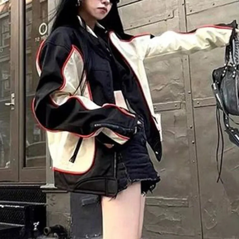 Retro Racing Jacket Women Cyber Y2k Streetwear Moto Patchwork Zipper Bomber Jackets Loose Autumn Winter Motorcycle Outwear 240827