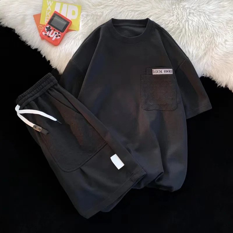 Summer Hong Kong Style Casual Fashion Set Thin Loose Breathable Short Sleeve Sports Shorts Set Two Piece Set 240827