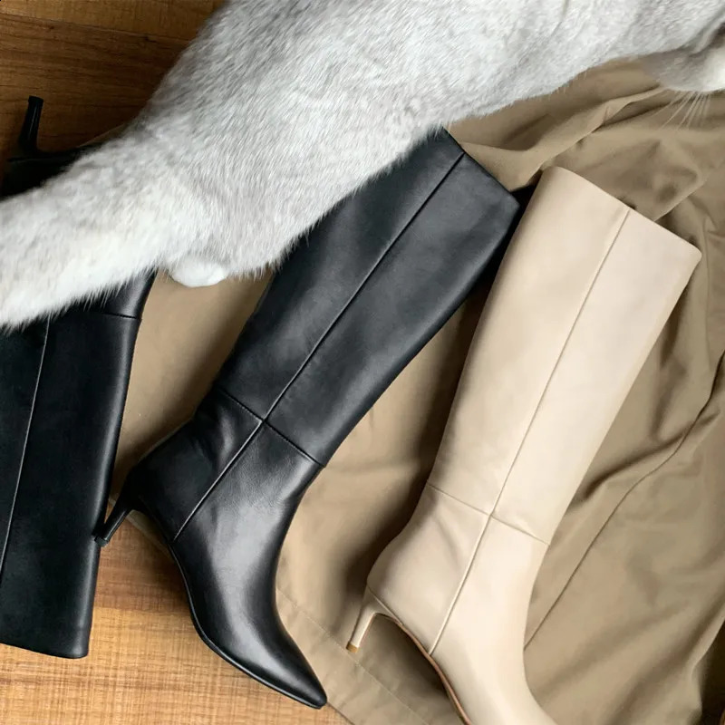 leather knee high boots for women Pointed toes thin heels sliding on party shoes winter autumn high boots for womens shoes 240827