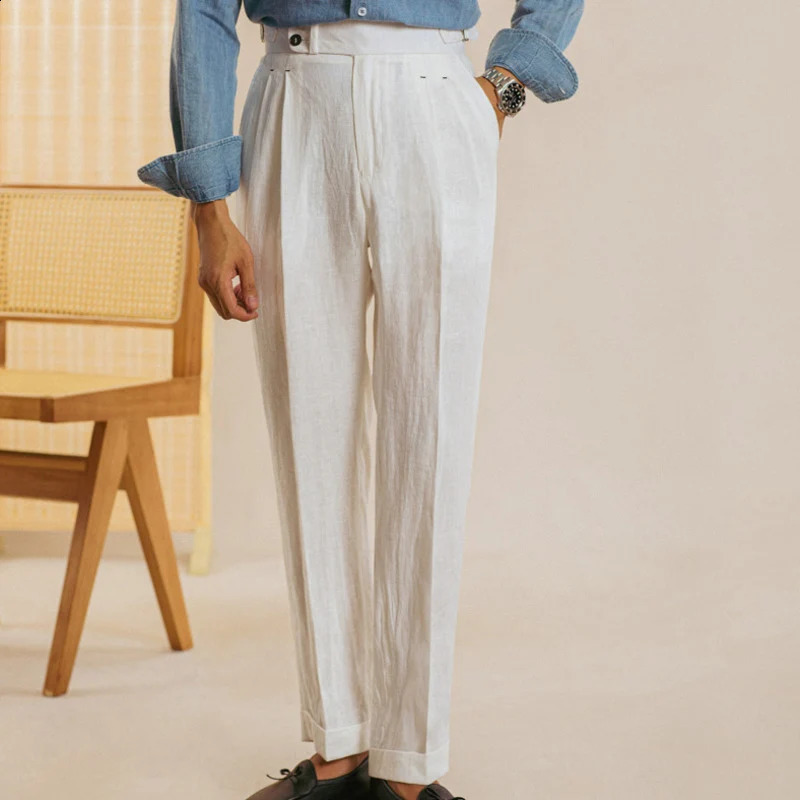 Linen Retro Casual Pant British High Waist Pants Office-trouser Men Dress White Pant Trouser Straight Leg Pant Naples 240827