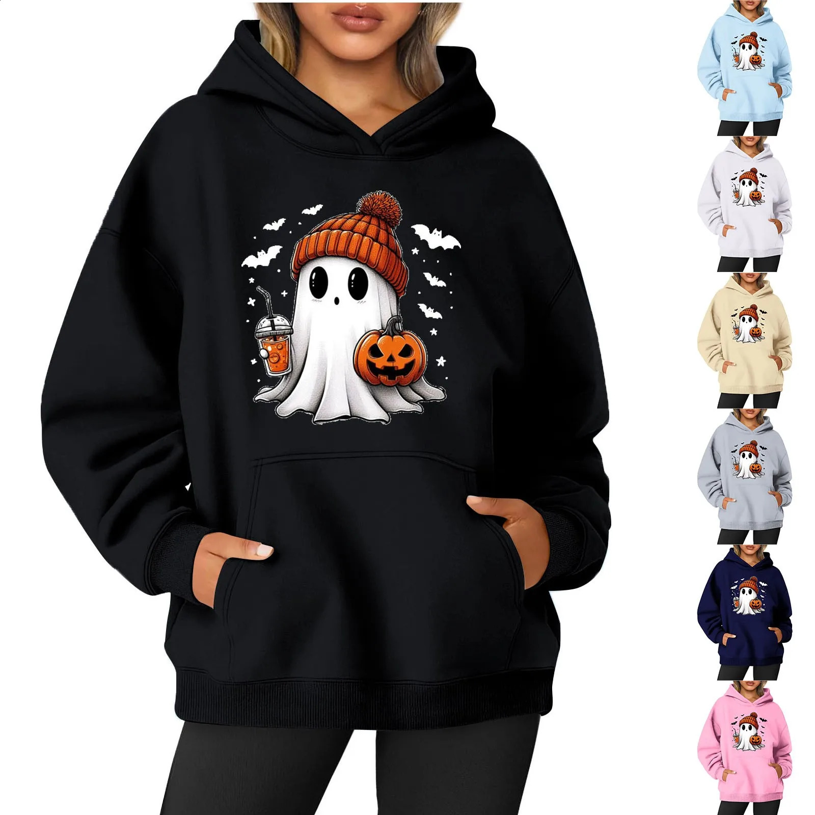 Womens O-neck long sleeved Halloween printed solid color hooded sweatshirt ropa de mujer sudadoras de mujeres y2k clothes y2k karol g 240827