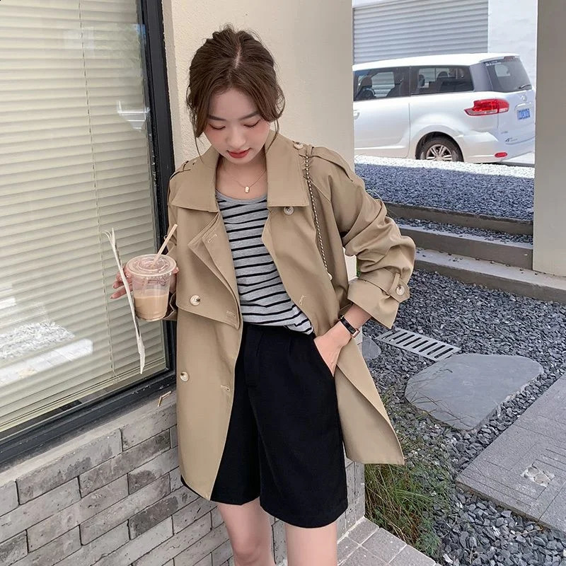 British style womens trench coat spring and autumn collar long khaki casual sleeved belt windproof 240826