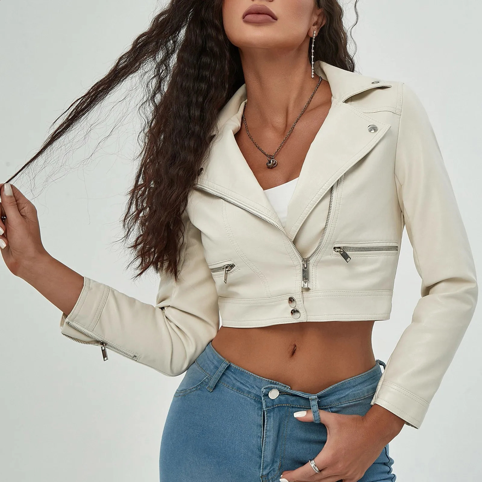 Autumn and Spring Womens Motorcycle Jacket Full Zipper Long Sleeve Solid Color Splicing Jacket 240827
