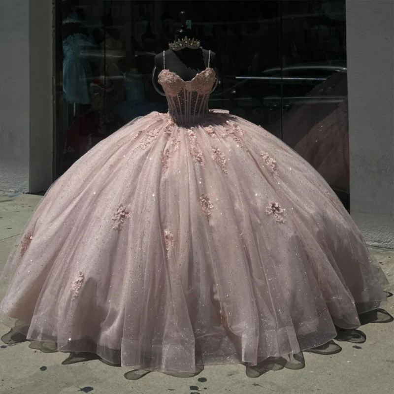 Princess Pink Quinceanera Dresses Ball Gown Lace Applique Bow Beading Spaghetti Corset Sweet 16 Vestido 15 De Anos