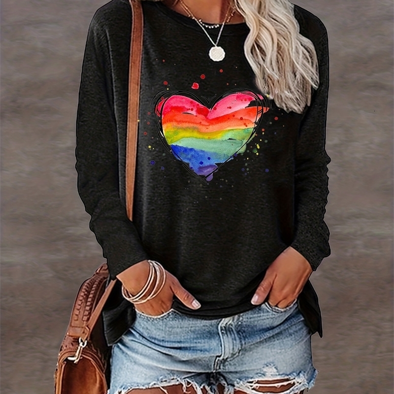 Rainbow print casual long sleeved crew collar T-shirt spring and summer womens clothing 240826