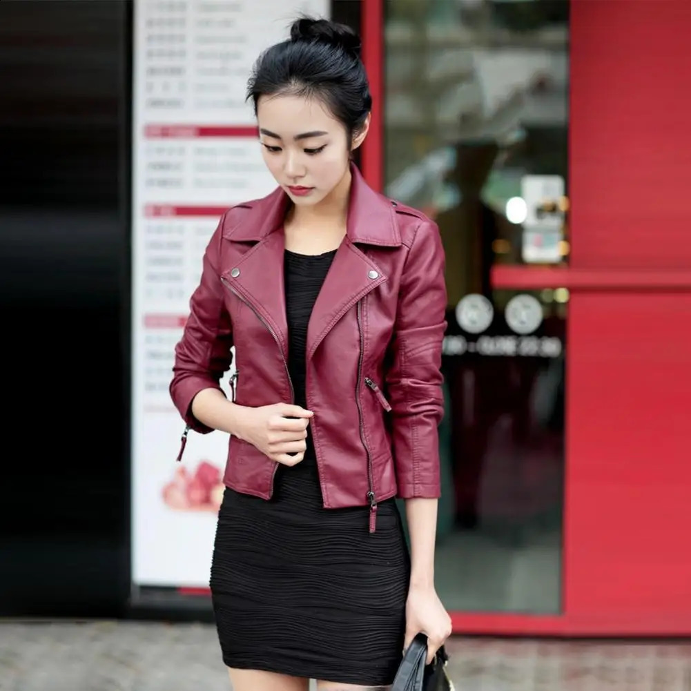 Womens Artificial Leather Jacket Fashion Womens Artificial Leather Motorcycle Jacket with Zipper Pocket Spring Autumn Coat Windproof Plus 240827
