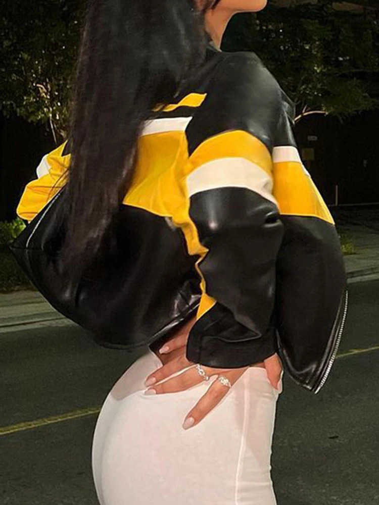 SUCHCUTE Motorcycle Comparison Stripe Printed Leather PU Jacket Street Clothing O-Collar Jacket Zipper Motorcycle and Bicycle Womens Clothing Racing 2