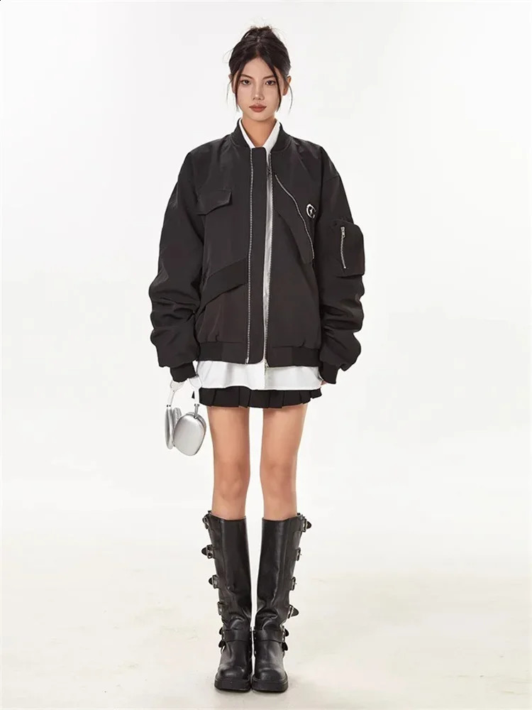 QWEEK Cyber Y2K Grey Bomber Jacket Womens Retro Street Clothing Oversized Harajuku Egirl 90s Black 240826