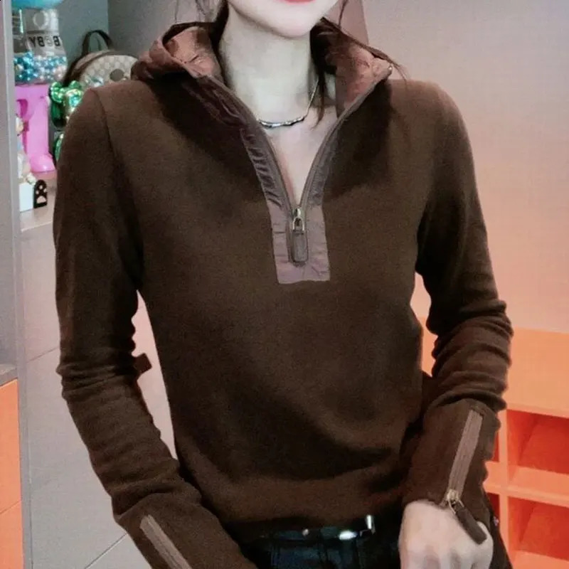 Commute Hooded Fashion Zipper Pulleys Womens Ultra Thin Solid Color Spring and Autumn Long Sleeve Fully Matched Splicing Sweatshirt 240827