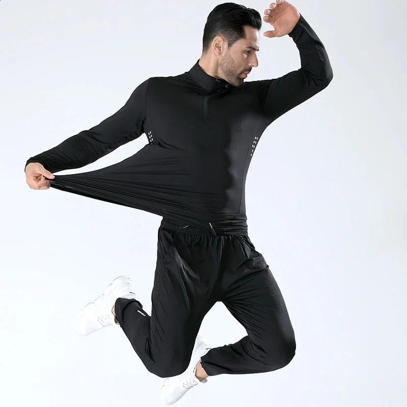 mens fitness suit polo shirt with half zipper thin running gym training wearing long sleeved quick drying elastic sports top for men 240827