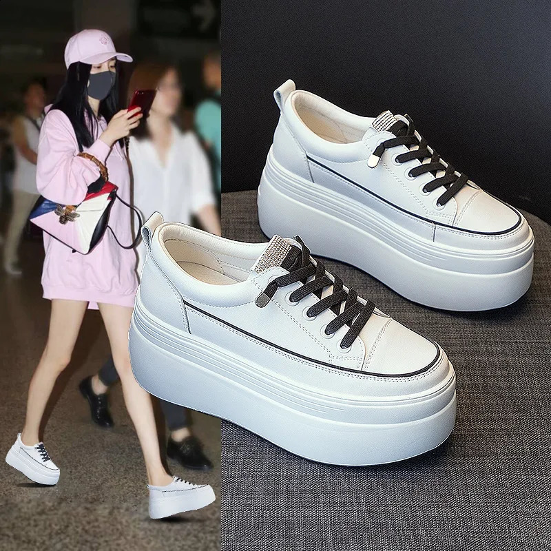 8cm white leather platform heel womens flat shoes comfortable and casual reptile short and chubby sports shoes summer womens shoes 240827