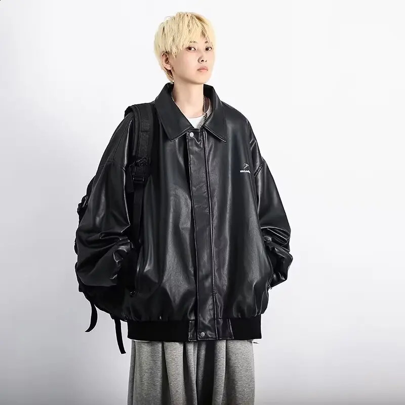 FEWQ PU Leather Mens Jacket Street Fashion Spring Autumn Loose Solid Color Casual Long Sleeve Male Tops 24E2062 240826