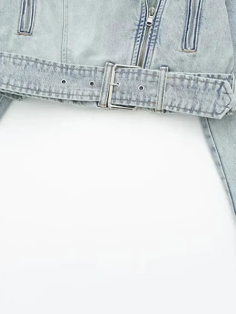 TRAF Women Vintage Lapel Zipper Denim Jacket Spring Autumn Lady High Street Loose Short Moto Biker Coat Outwear 240827