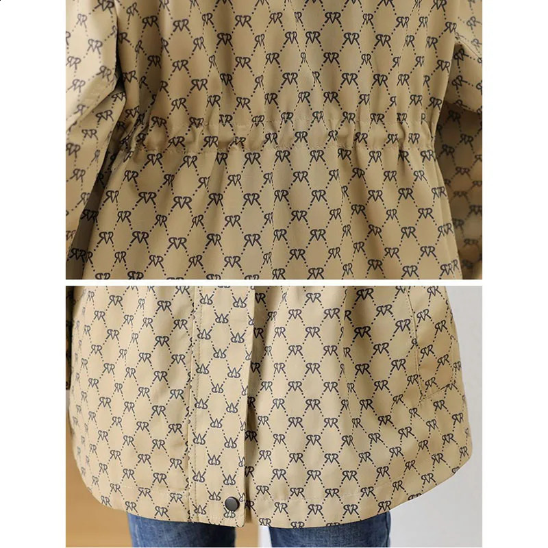 Spring and Autumn Korean High end Leisure Hooded Windproof Womens Loose Warm Printed Trench Coat 240826