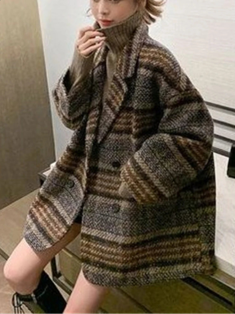 Womens jacket wool winter Korean retro plaid loose top coarse tweed double breasted lapel womens 240826