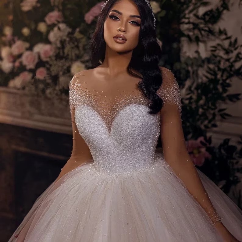 Classy Plus Size Beaded Wedding Dresses Square Neck Bridal Gowns Lace Long Sleeves A Line Sweep Train Satin Vestido De Novia 06