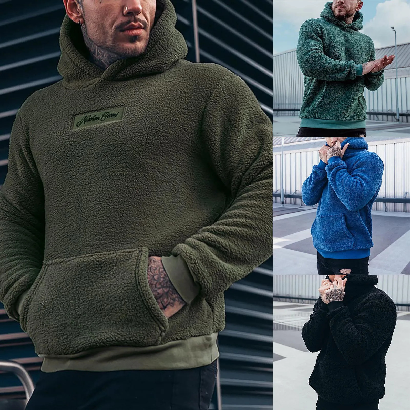 Korean Style Plush Fleece Hoodie For Man Autumn Hoodie Fuzzy Sweatshirt Solid Color Letter Long Sleeve Pockets Tracksuit 240826