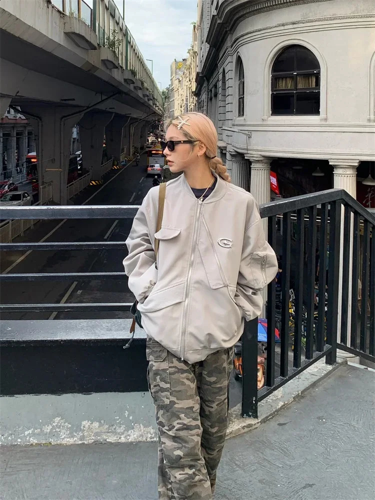 QWEEK Cyber Y2K Grey Bomber Jacket Womens Retro Street Clothing Oversized Harajuku Egirl 90s Black 240826