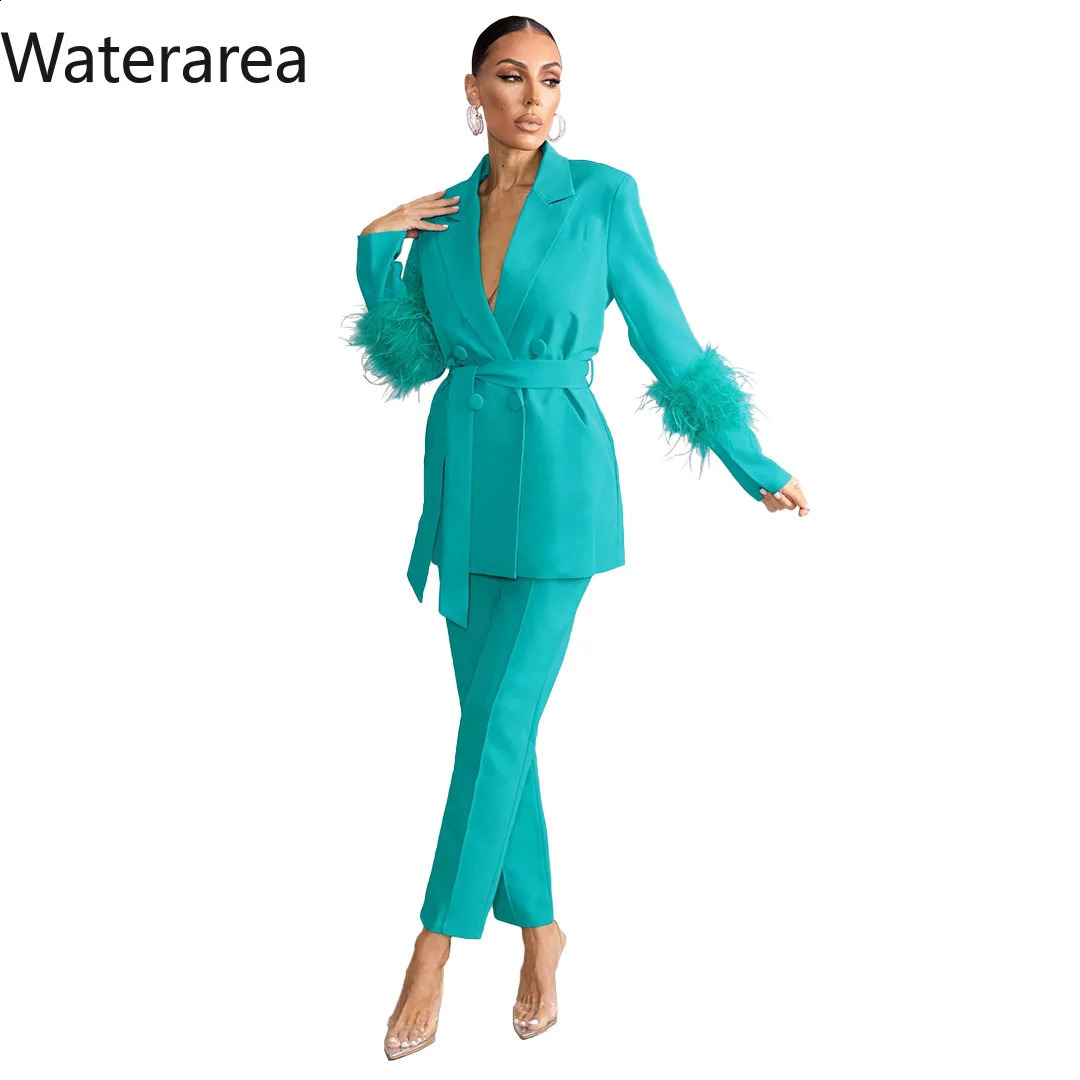 Waterarea Fashion Womens Set Feather Long Sleeve Double Breasted Blazer and Pants Suits Two 2 Piece Sets Outfits Tracksuit 240826