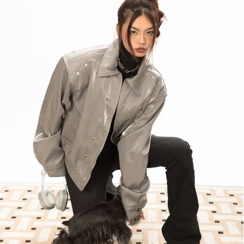 HOUZHOU Vintage Crop Leather Racing Jacket Women Y2k Streetwear Oversize Bomber Motorcycle Jackets Korean Fashion Autumn Winter 240827