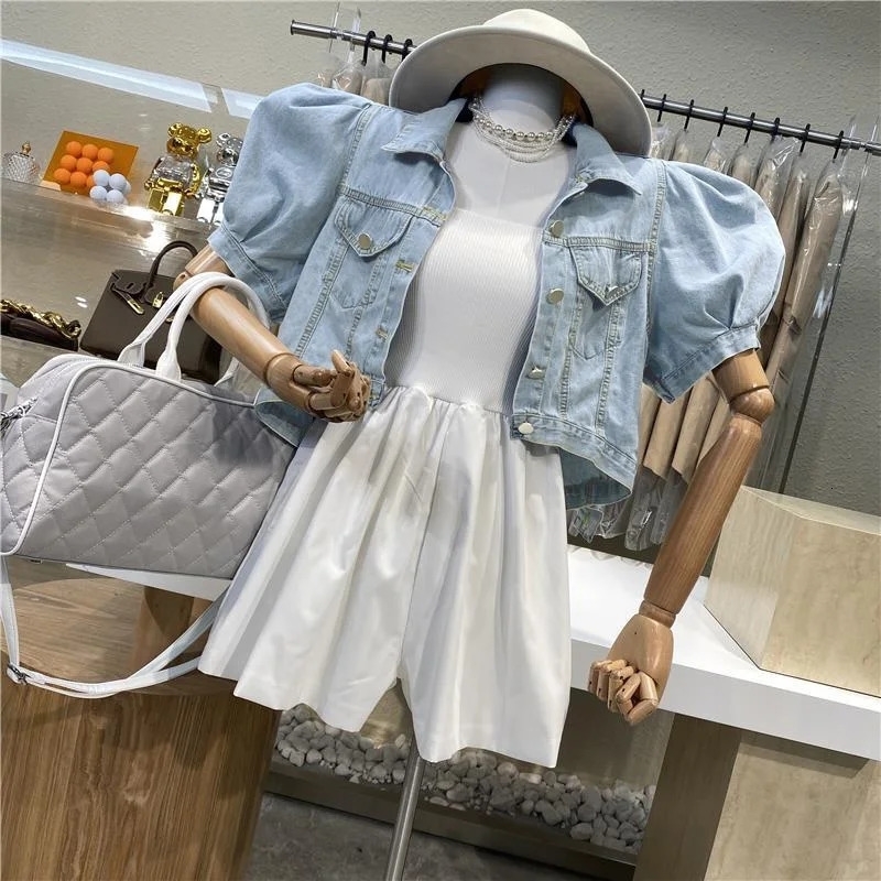 Womens summer short sleeved denim jacket Puff sleeve top 240826