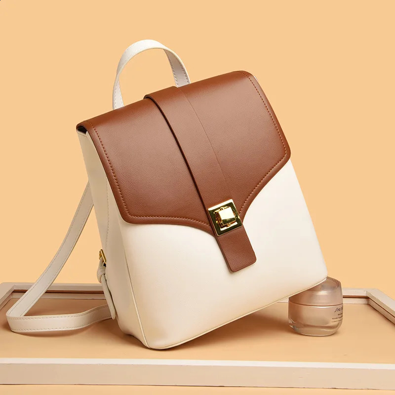 Womens backpack large capacity backpack fashionable conflict color travel bag anti-theft lock womens buckle bag 240826