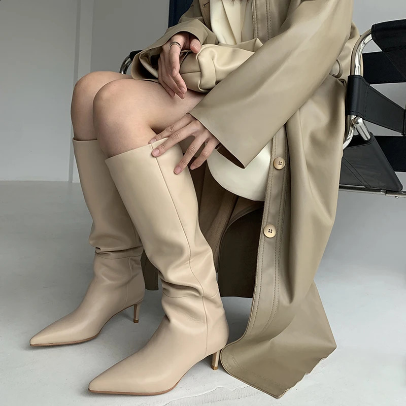 leather knee high boots for women Pointed toes thin heels sliding on party shoes winter autumn high boots for womens shoes 240827