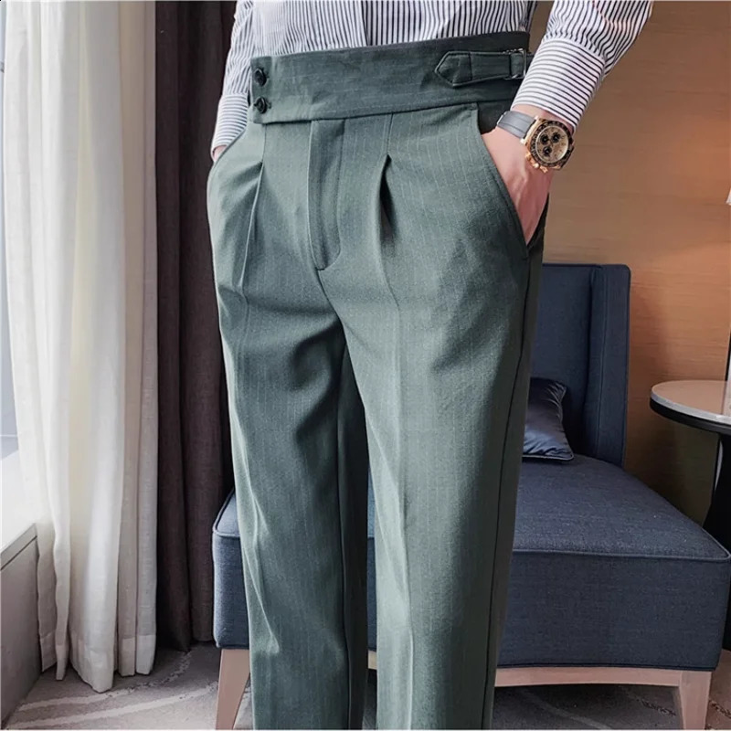 High Waist Pants Men British Style Casual Slim Striped Fit Dress Pant Men Formal Office Social Wedding Party Dress Suit Trousers 240827