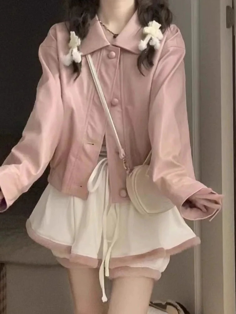 Korean fashion bra PU leather jacket womens coat retro loose n version jacket sweetheart spicy 240827